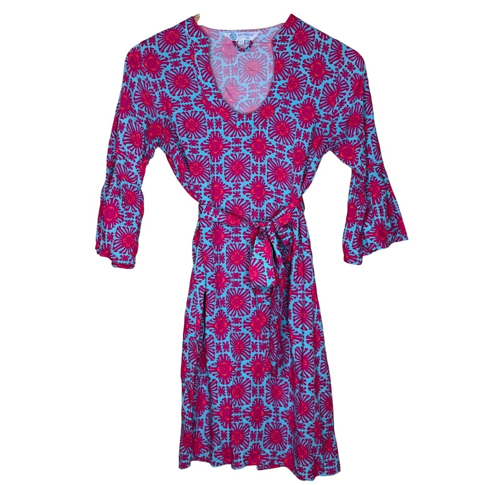 Escapada Living Womens XS Pink Turquoise Sunburst Rayon Bell Sleeve Mini Dress